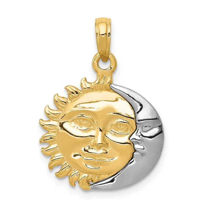 TreasureFineJewelers Necklaces 14k TwoTone Solid Polished Reversible Sun and Moon Pendant