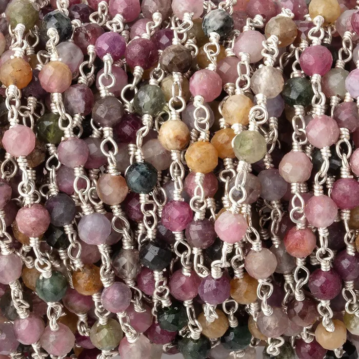 Necklaces Beadsofcambaycom 4mm Multi Color Tourmaline Micro Faceted Round on Silver Plated Chain