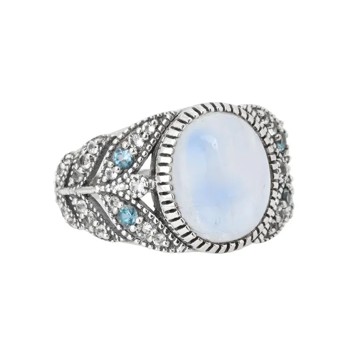 Rings YoTreasure Rainbow Moonstone Swiss Blue Topaz 925 Sterling Silver Statement Ring