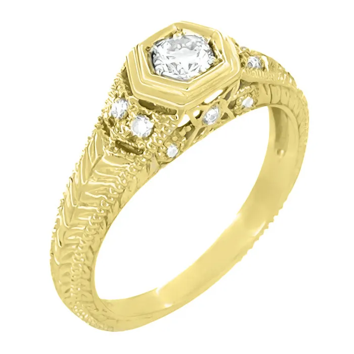 Antique Jewelry Mall Art Deco Filigree Engraved Hexagon Yellow Gold Vintage Style Diamond Engagement Ring 13 Carat TW Rings