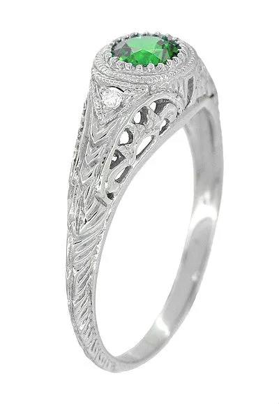 Antique Jewelry Mall Rings Art Deco Engraved Tsavorite Garnet and Diamond Filigree Engagement Ring in White Gold