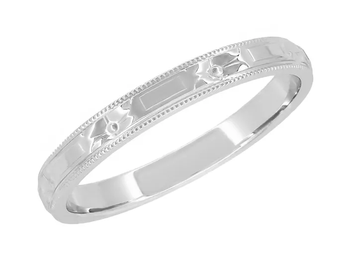 Antique Jewelry Mall Rings Art Deco Flowers and Bars Wedding Ring in White Gold