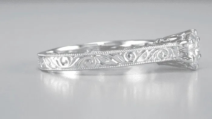 Antique Jewelry Mall Rings Filigree Scrolls Engraved 12 Carat Diamond Art Deco Crown Solitaire Engagement Ring in White Gold
