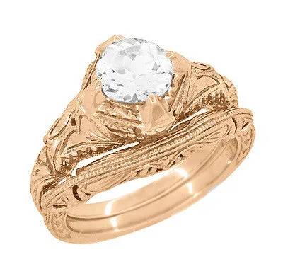 Art Deco Filigree and Wheat Engraved Curved Wedding Ring in 14 Karat Rose Gold Antique Jewelry Mall Rings