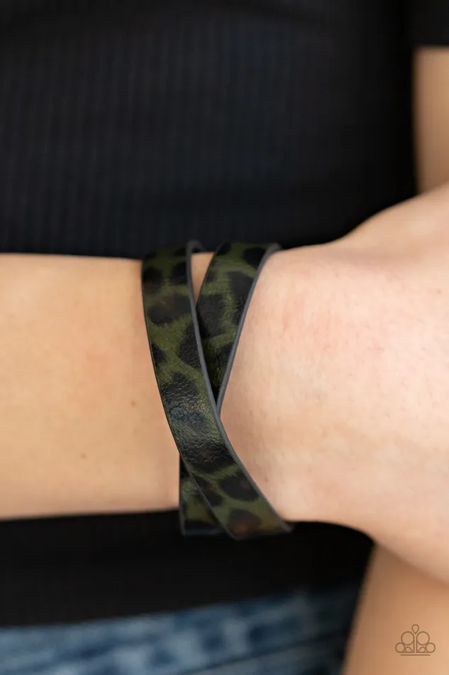 Bracelets Paparazzi Accessories All GRRirl Green Cheetah Animal Print Black Vintage Wrap Bracelet Paparazzi