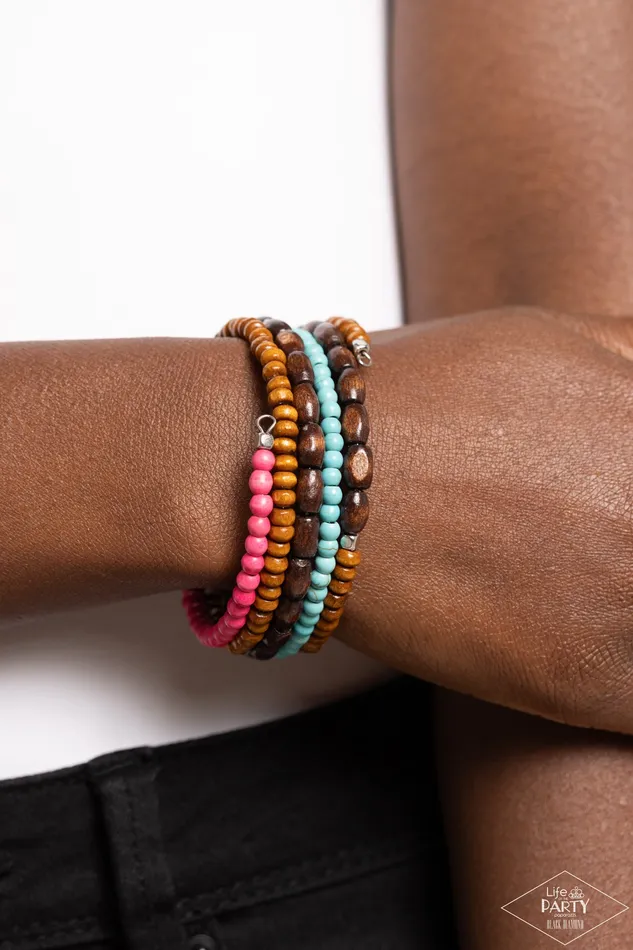 Bracelets Paparazzi Accessories Its Human Nature Multi Turquoise Pink Brown Wooden Bead Coil Bracelet Bring Back Paparazzi