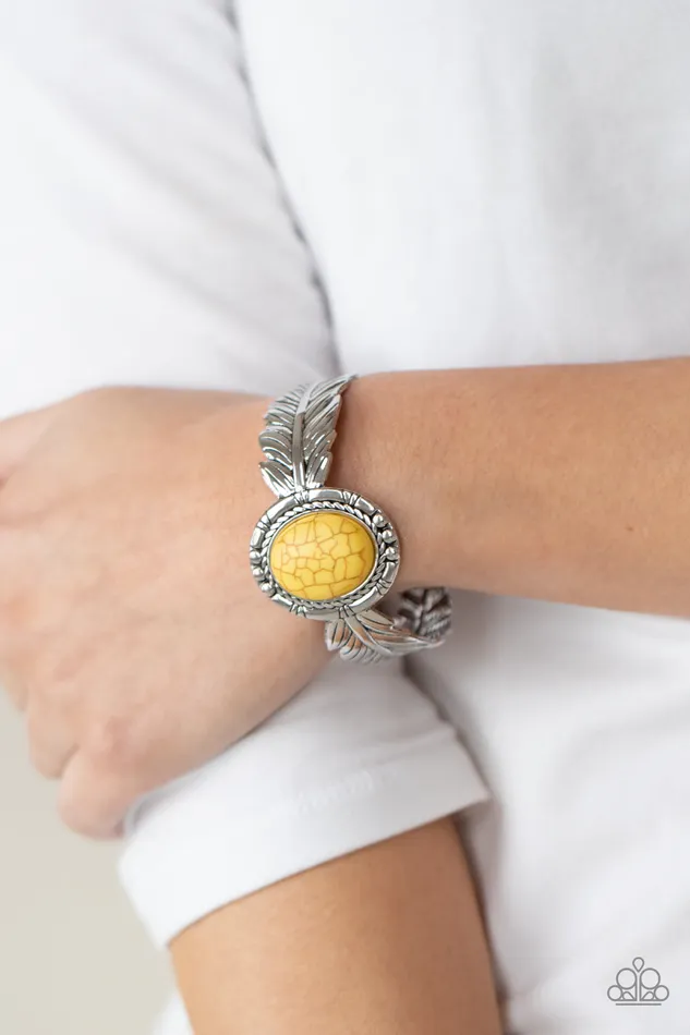 Bracelets Western Wings Yellow Stone Silver Feather Cuff Bracelet Paparazzi Paparazzi Accessories