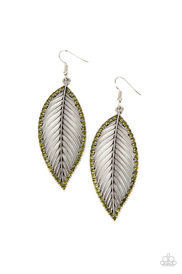 Canopy Cabaret Green Rhinestone Silver Leaf Earrings Paparazzi Paparazzi Accessories Earrings Canopy Cabaret Green Rhinestone Silver Leaf Earrings Paparazzi Paparazzi Accessories Earrings