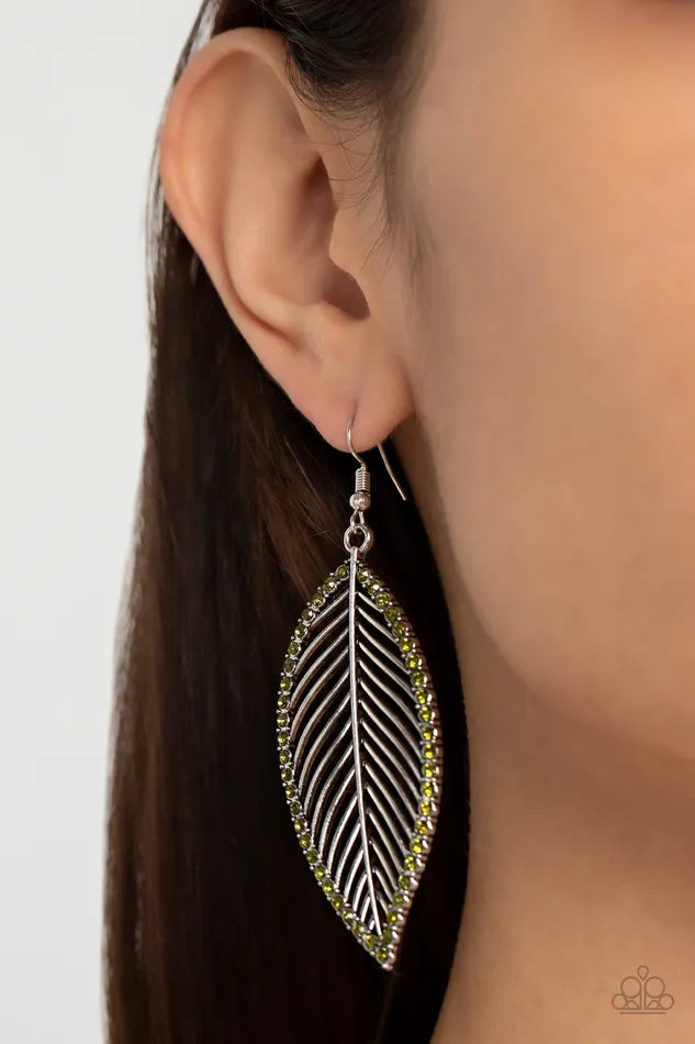 Canopy Cabaret Green Rhinestone Silver Leaf Earrings Paparazzi Paparazzi Accessories Earrings