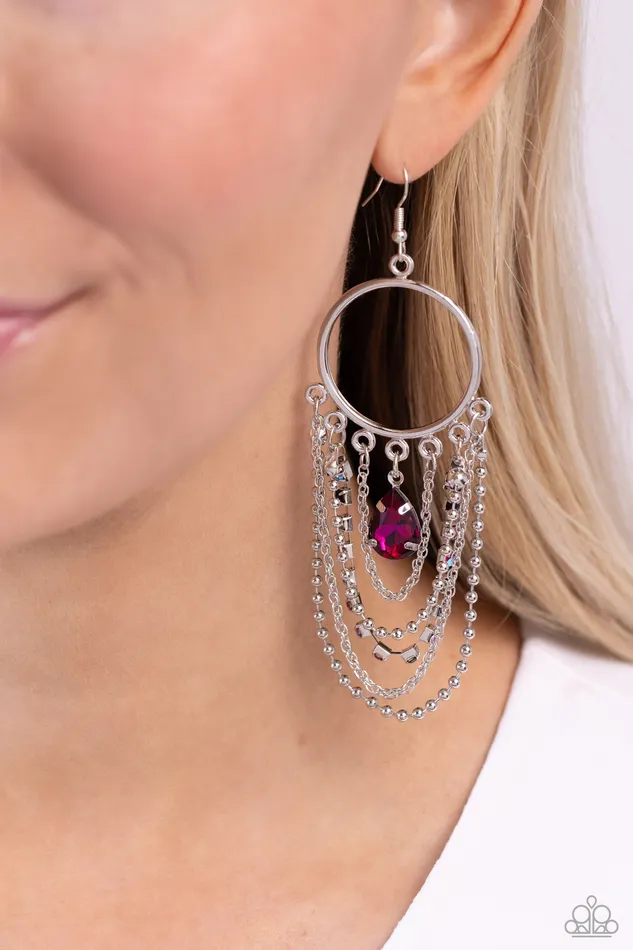 Cascading Clash Multi Color Rhinestone Pink Gem Silver Earring Paparazzi Paparazzi Accessories Earrings
