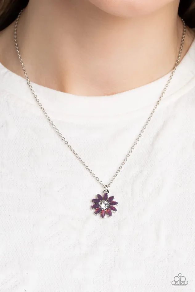 Daisy Diva Purple Rhinestone Flower Silver Short Necklace Paparazzi Paparazzi Accessories Necklaces