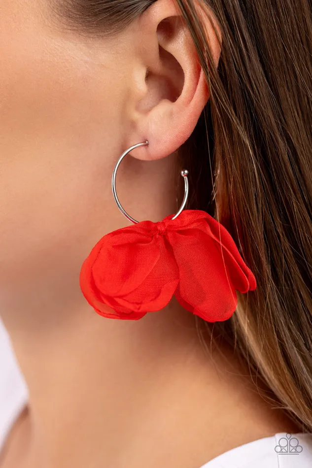 Earrings Chiffon Class Red Fabric Silver Hoop Earrings Paparazzi Paparazzi Accessories