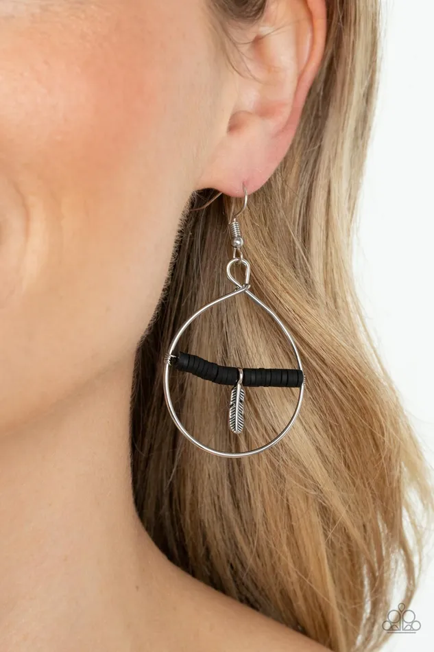 Earrings Free Bird Freedom Black Disc Silver Feather Teardrop Earrings Paparazzi Paparazzi Accessories