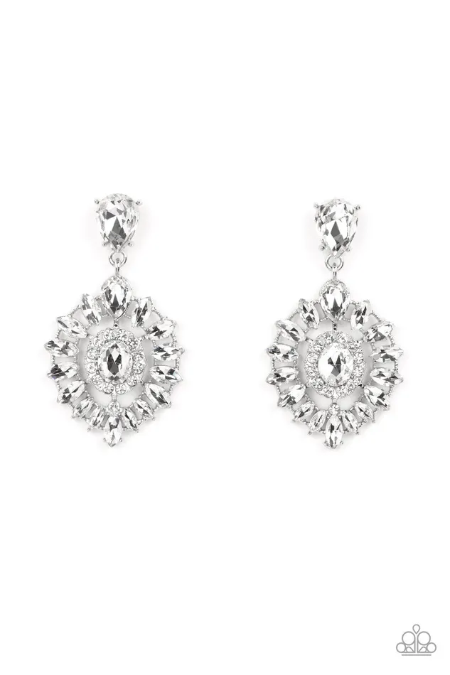 Earrings My Good LUXE Charm White Gem Rhinestone Silver Post Earrings Paparazzi August 2022 Life of the Party Exclusive Paparazzi Accessories