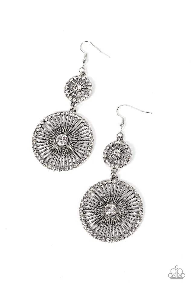 Earrings Paparazzi Accessories Bring Down the WHEELHOUSE White Rhinestone Silver Circle Earrings Paparazzi