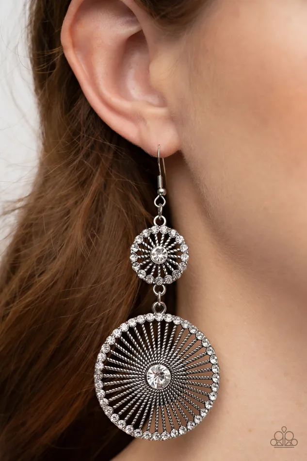 Earrings Paparazzi Accessories Bring Down the WHEELHOUSE White Rhinestone Silver Circle Earrings Paparazzi