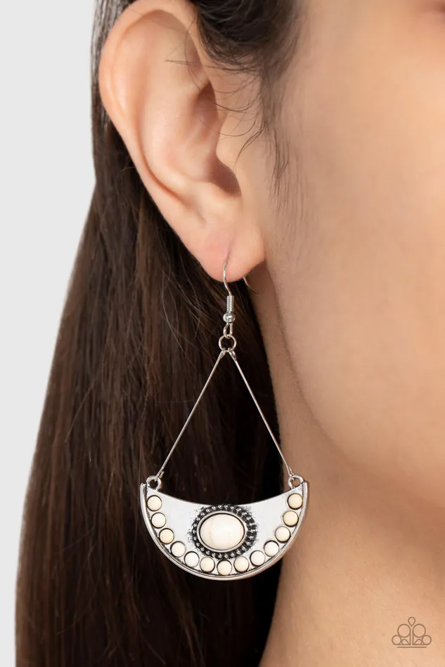 Earrings Paparazzi Accessories Canyon Canoe Ride White Stone Silver Crescent Earrings Paparazzi