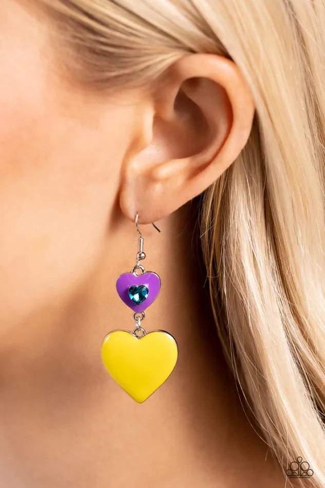 Earrings Paparazzi Accessories Flirting with Fashion Purple and Yellow Heart Silver Earrings Paparazzi