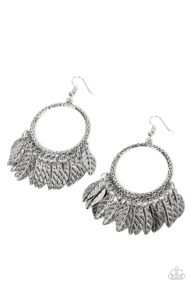 Earrings Paparazzi Accessories FOWL Tempered Silver Feather Earrings Paparazzi
