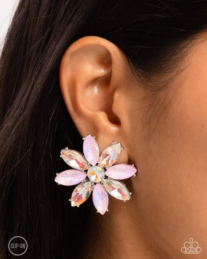 Earrings Paparazzi Accessories PREORDER Maiden Makeover Pink Iridescent Gem Silver ClipOn Earrings Paparazzi