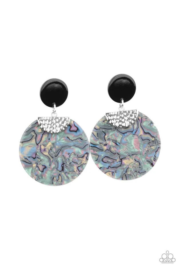 Earrings Paparazzi Accessories Really Retropolitan Silver Iridescent Acrylic Disc Black Post Earrings Paparazzi