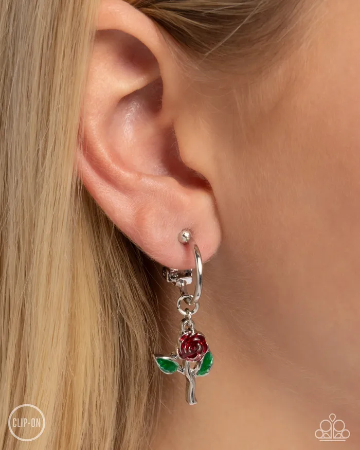 Earrings Paparazzi Accessories Rose Routine Red and Green Flower Silver ClipOn Earrings Paparazzi
