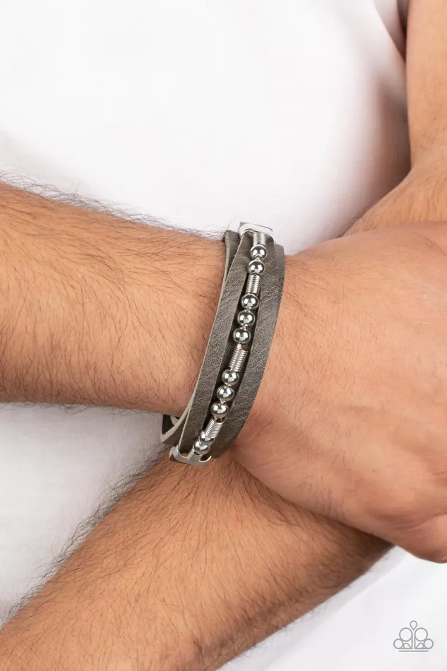 Easy on the Hardware Silver Accent Gray Leather Wrap Bracelet Paparazzi Paparazzi Accessories Bracelets