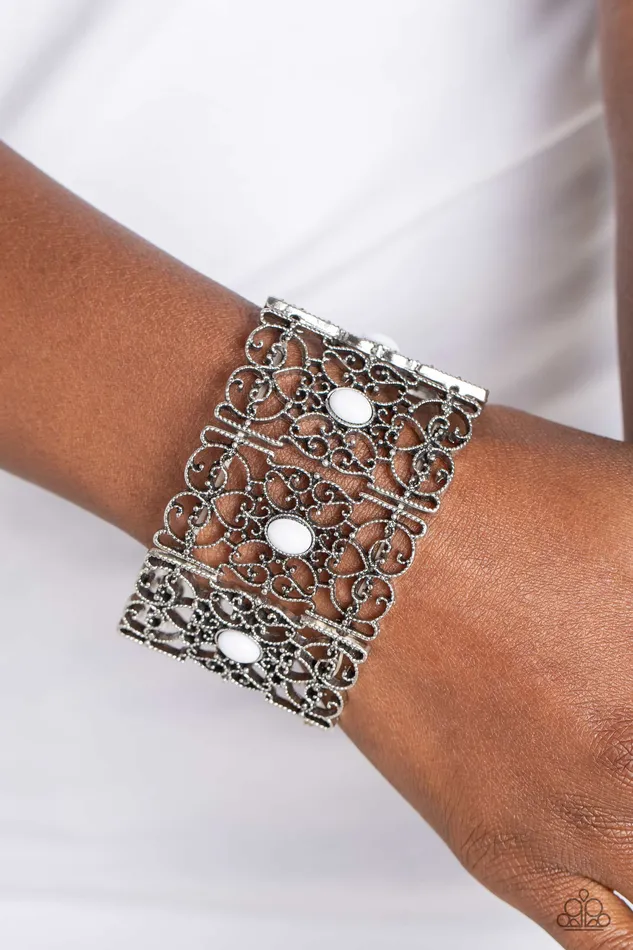 Fairest Filigree White Bead Silver Stretchy Bracelet Paparazzi Paparazzi Accessories Bracelets