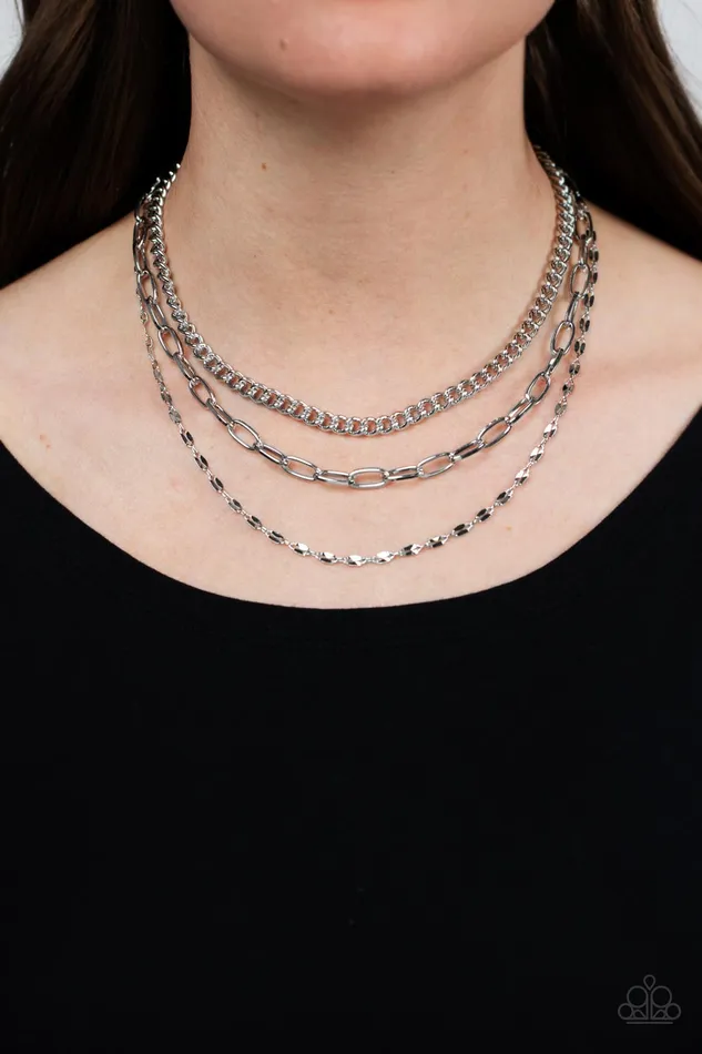 Galvanized Grit Silver Layered Chain Necklace Paparazzi Paparazzi Accessories Necklaces