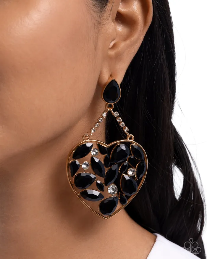 Glittery Gait Black Gem Gold Heart Earrings Paparazzi Paparazzi Accessories Earrings