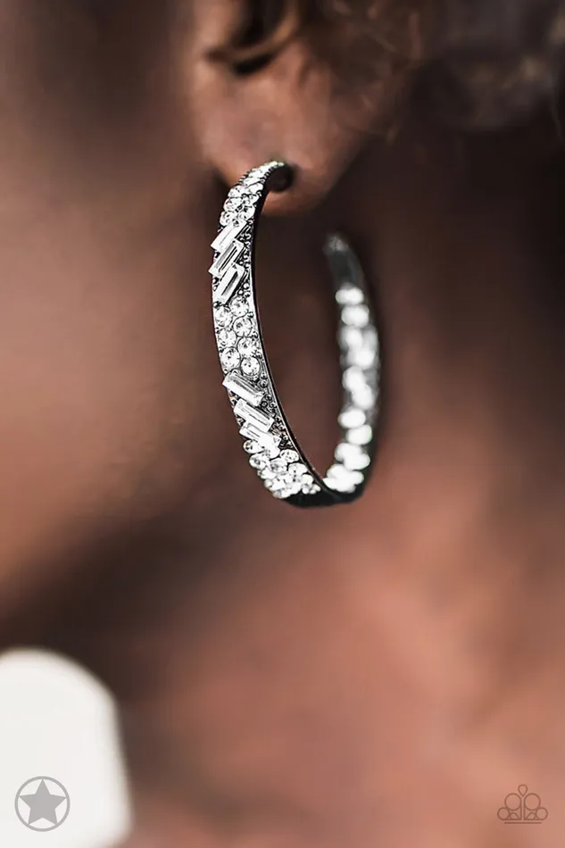 Glitzy by Association Gunmetal White Rhinestone Hoop BLOCKBUSTER Earrings Paparazzi Accessories Earrings