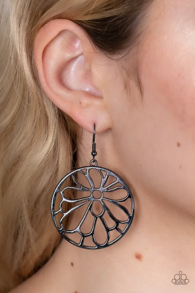 Glowing Glades Black Gunmetal Floral Circle Earrings Paparazzi Paparazzi Accessories Earrings