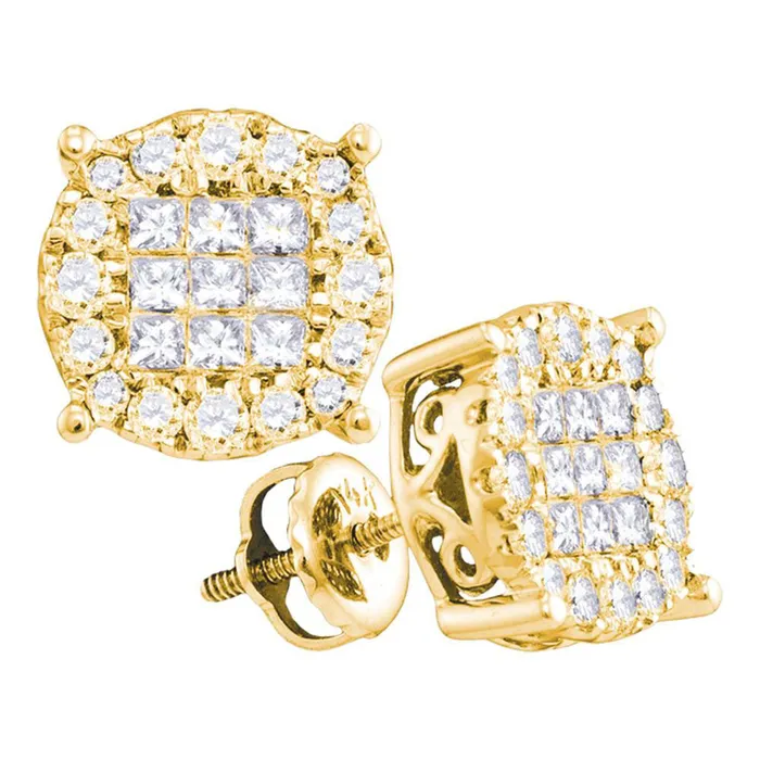 Gold Cluster Earrings 1 Cttw Princess Natural Diamond Womens 266 grams GND Earrings