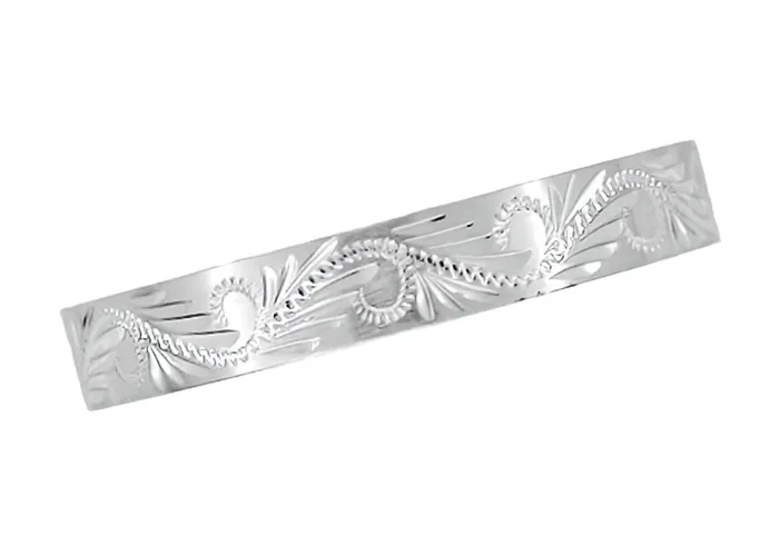 Hand Carved Leaves Scrolls 5mm Wide Western Platinum Vintage Style Wedding Ring Antique Jewelry Mall Rings