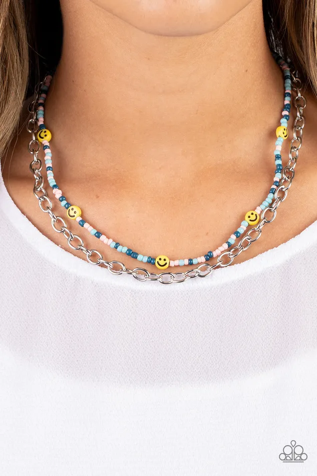 Happy Looks Good on You Blue and Pink Bead Smiley Face Silver Chain Layered Necklace Paparazzi Paparazzi Accessories Necklaces