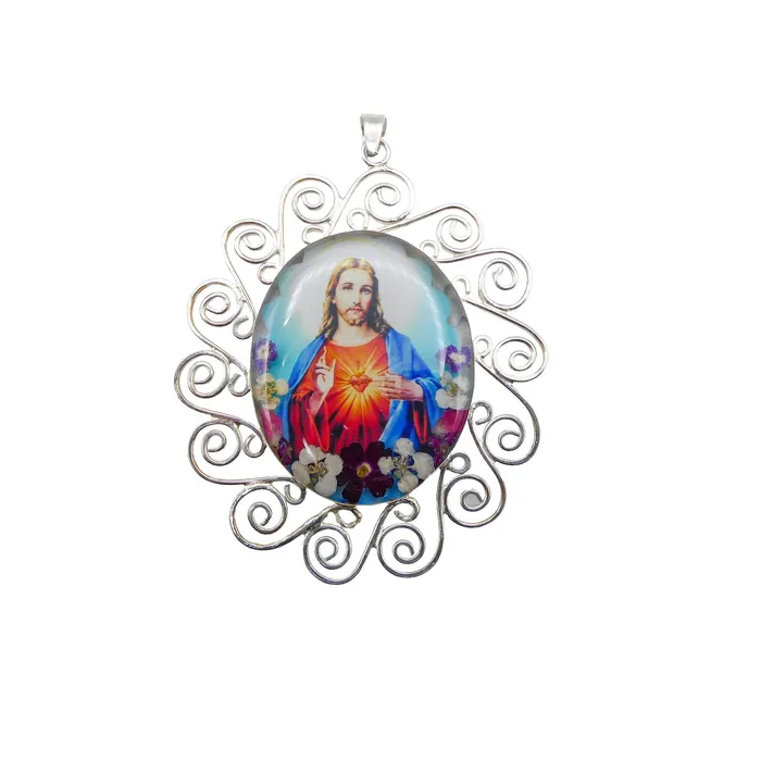 MEXICO Necklaces Sacred Heart Baroque Necklace w Pressed Flowers 18inch