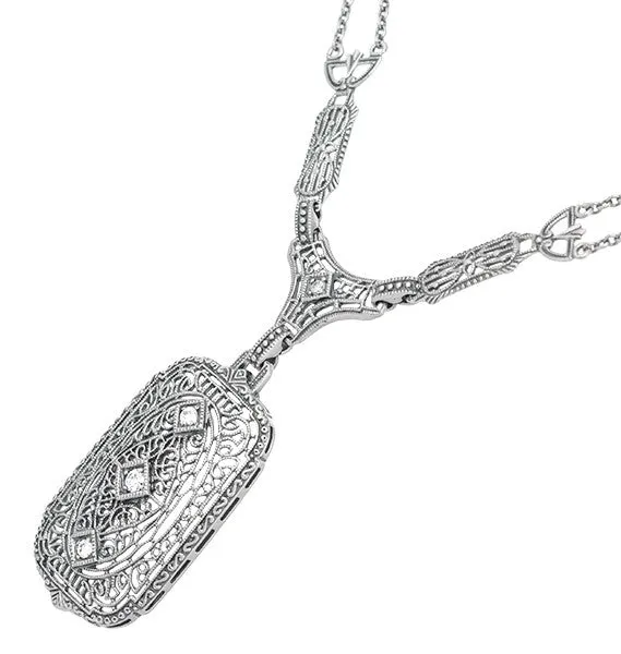 Necklaces Antique Jewelry Mall 1930s Filigree Art Deco Lavalier Pendant Drop Necklace in Sterling Silver