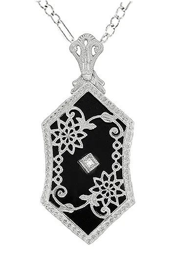 Necklaces Art Deco Filigree Onyx and Diamond Set Pendant Necklace in 14 Karat White Gold Antique Jewelry Mall Necklaces Art Deco Filigree Onyx and Diamond Set Pendant Necklace in 14 Karat White Gold Antique Jewelry Mall