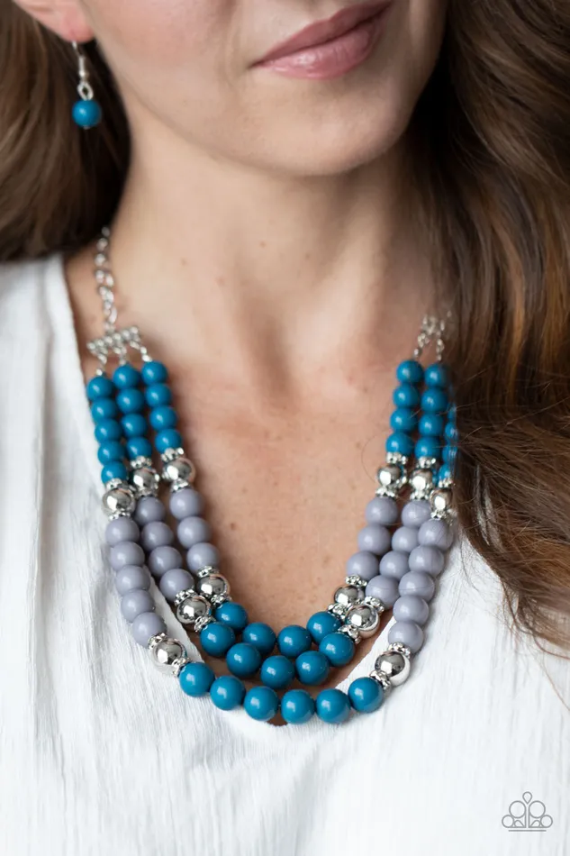 Necklaces BEAD Your Own Drum Blue and Gray Bead White Rhinestone Layered Necklace Paparazzi Paparazzi Accessories