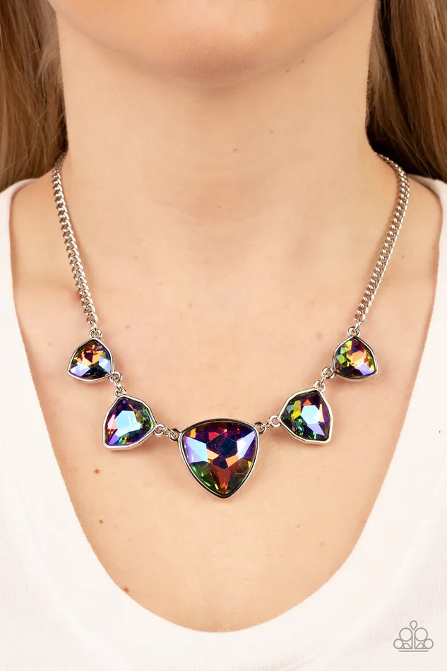 Necklaces Cosmic Constellations Multi Blue Oil Spill Gem Silver Necklace Summer Party Pack 2022 Exclusive Paparazzi Paparazzi Accessories