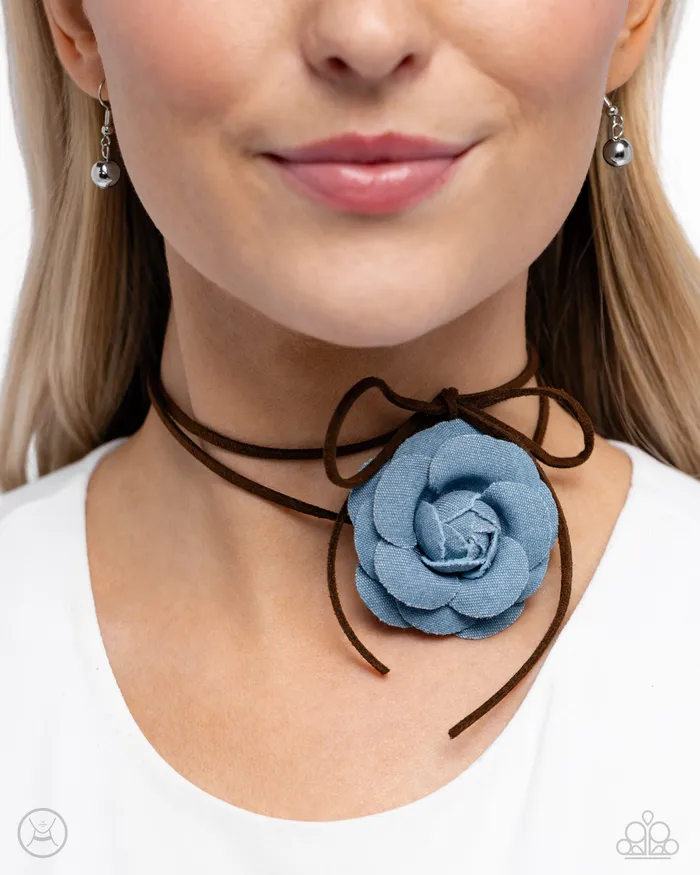 Necklaces Floral Folktale Brown Cord Blue Flower Choker Necklace Paparazzi Paparazzi Accessories