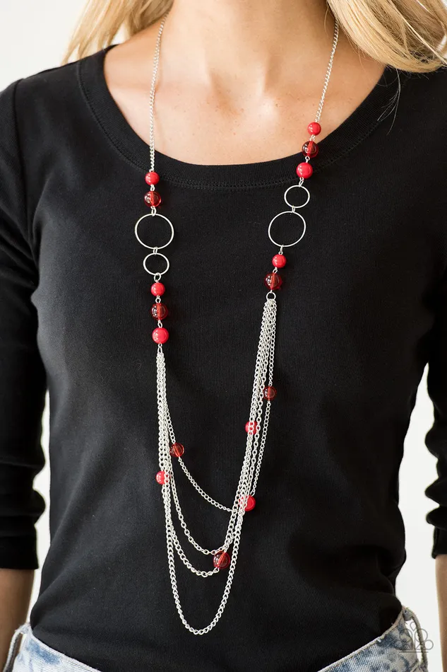 Necklaces Paparazzi Accessories Bubbly Bright Red Bead Silver Layered Long Necklace Paparazzi