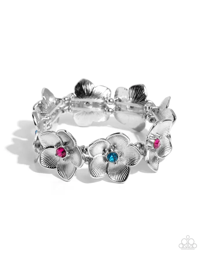 Paparazzi Accessories Bracelets General Grandeur Blue and Pink Gem Silver Flower Stretchy Bracelet Paparazzi