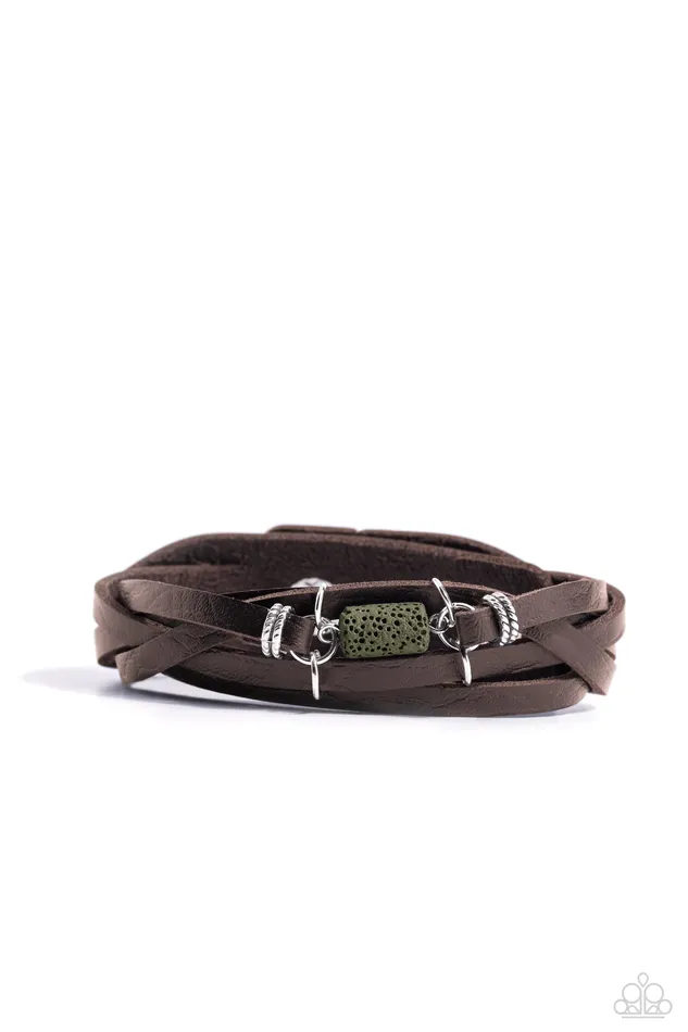 Paparazzi Accessories Bracelets Metamorphic Monument Green Lava Brown Leather Urban Wrap Bracelet Paparazzi
