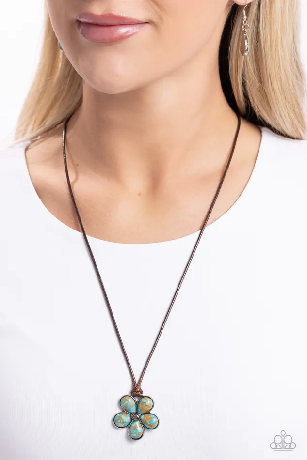 Paparazzi Accessories Budding Badlands Brown Cord Blue Stone Flower Long Necklace Paparazzi Necklaces