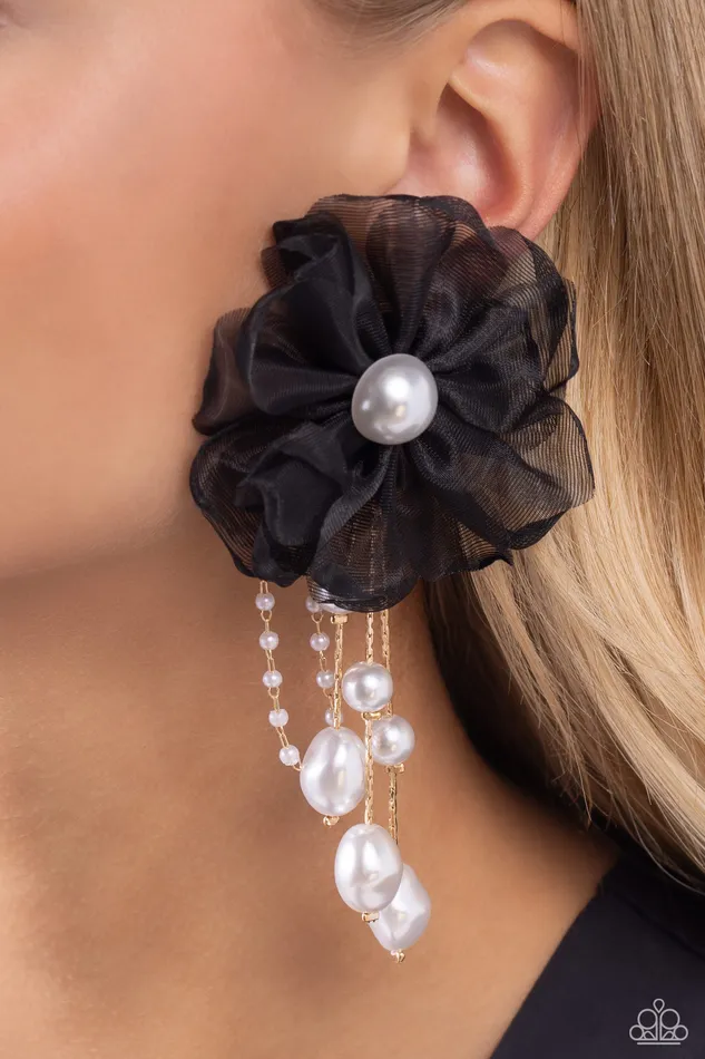 Paparazzi Accessories Earrings Dripping In Decadence Gold Black Floral Petal White Pearl Post Earring Paparazzi