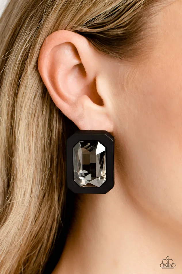 Paparazzi Accessories Earrings Edgy Emeralds Black Frame Smoky Gem Post Earrings Paparazzi
