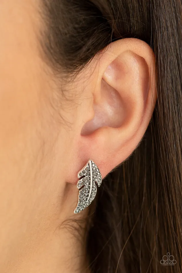 Paparazzi Accessories Earrings Feathered Fortune Silver Feather Hematite Post Earrings Paparazzi