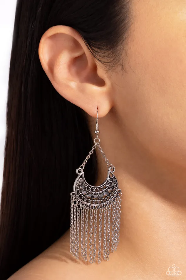 Paparazzi Accessories Earrings Greco Goddess Silver Hematite Rhinestone Fringe Earrings Paparazzi