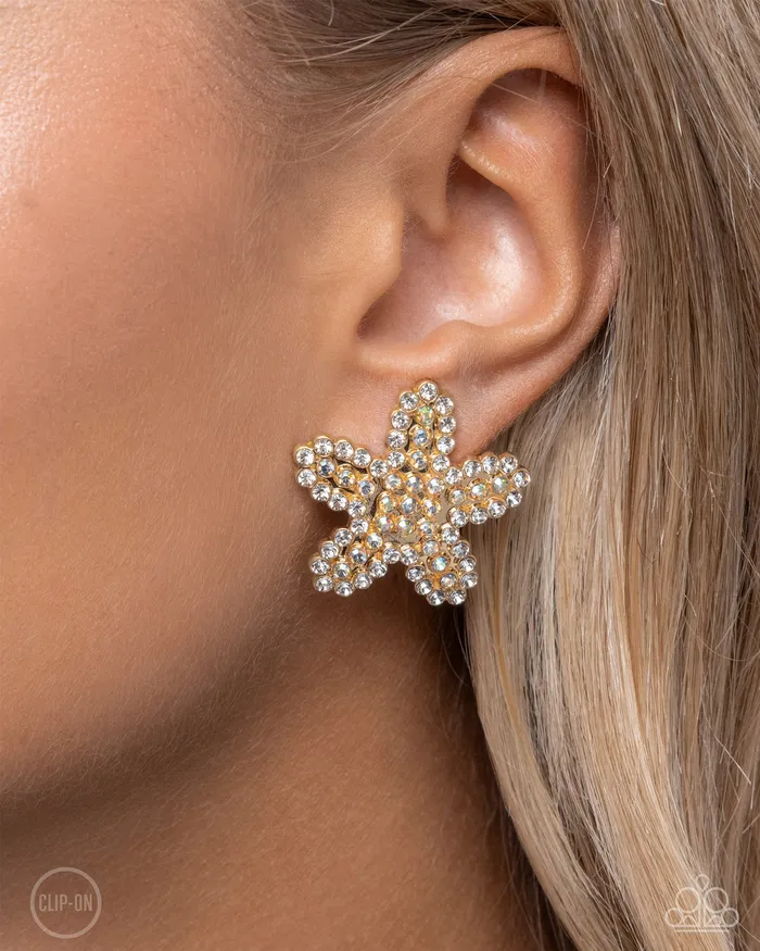 Paparazzi Accessories Earrings Starfish Serenade Gold White Iridescent Rhinestone ClipOn Earrings Paparazzi